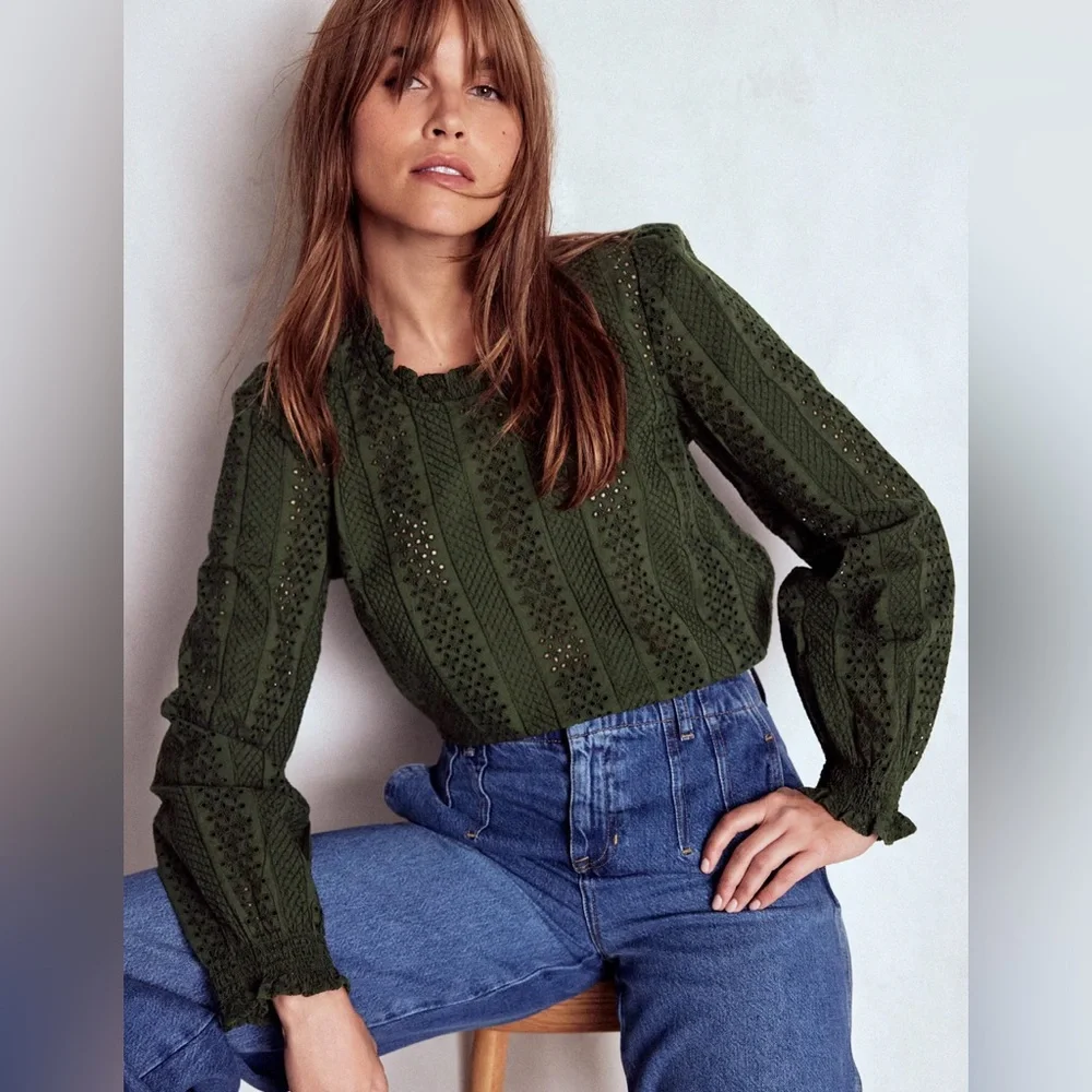 Boden Frill Detail Broderie Top - Forest Glade